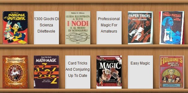 The bookshelf of books on for beginners in magic of Marco Pusterla