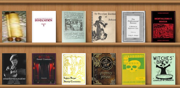 The bookshelf of books on bizarre magic of Marco Pusterla